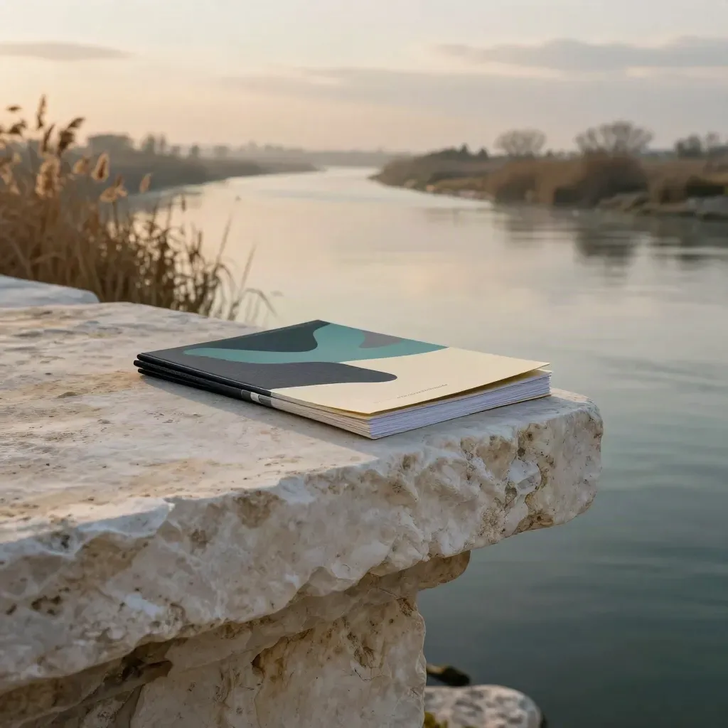 Sunset limestone overlook above a misty river with reeds and subtle dashboard materials.