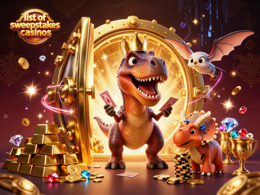 Engage with the list of sweepstakes casinos through a fun scene with dinosaurs in a vibrant casino.