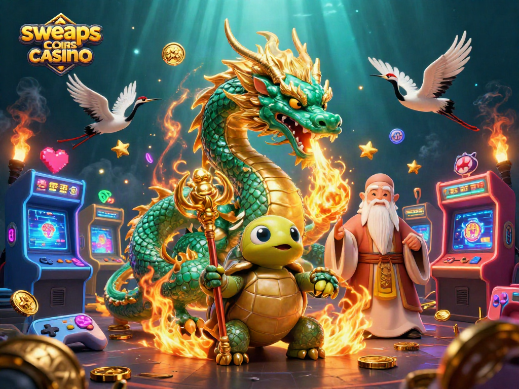 Engage with sweeps coins casino through a vibrant 3D illustration featuring a jade dragon and gaming elements.