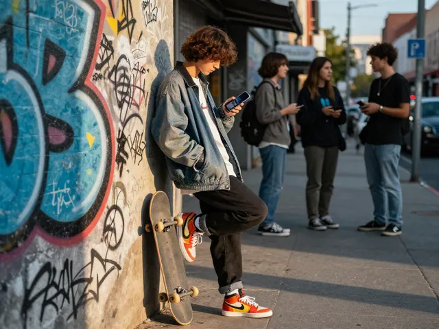 Fashion-forward individual showcasing rokok88 street style against vibrant urban backdrop