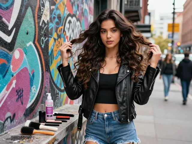 Confident woman displaying butterfly weft hair extensions in urban street setting, highlighting vibrant style and beauty.