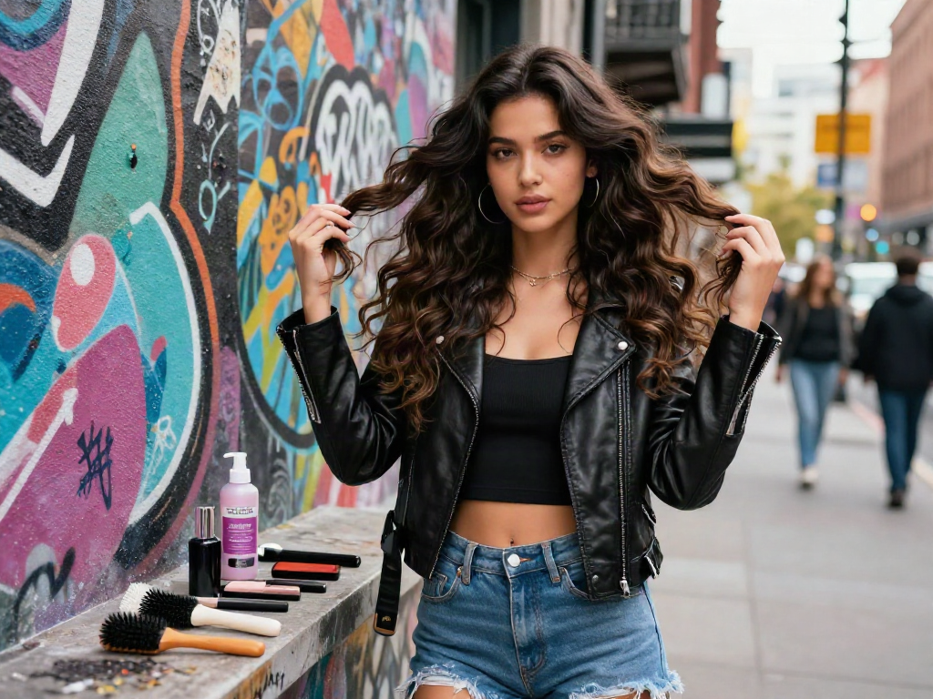 Confident woman displaying butterfly weft hair extensions in urban street setting, highlighting vibrant style and beauty.