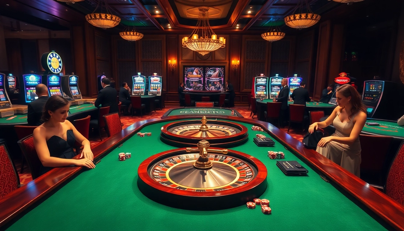AZ88 casino scene with luxurious poker tables, roulette wheel, and vibrant slot machines.