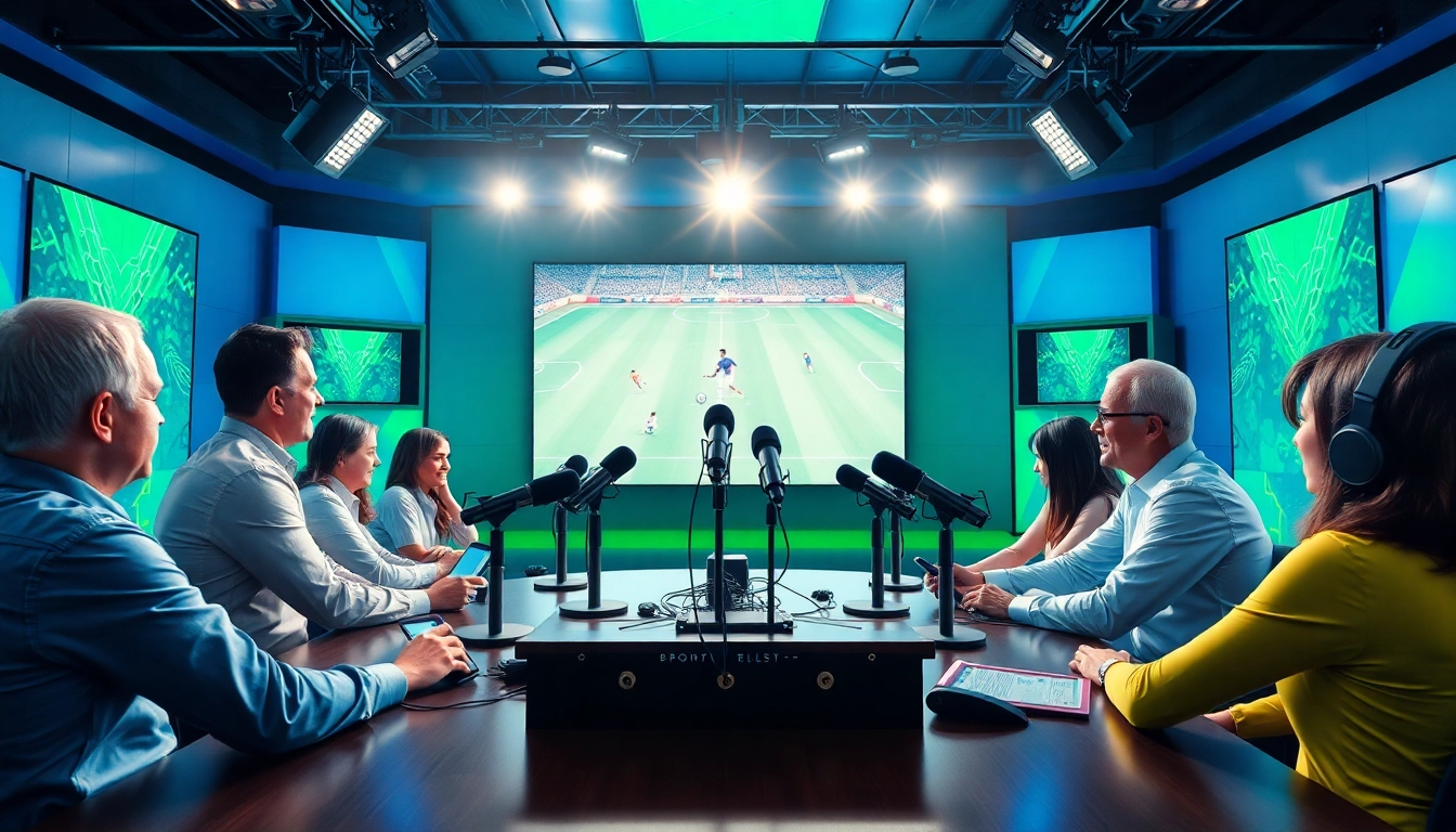 Engaging scene of sports broadcasting with diverse commentators, capturing the essence of live sports.