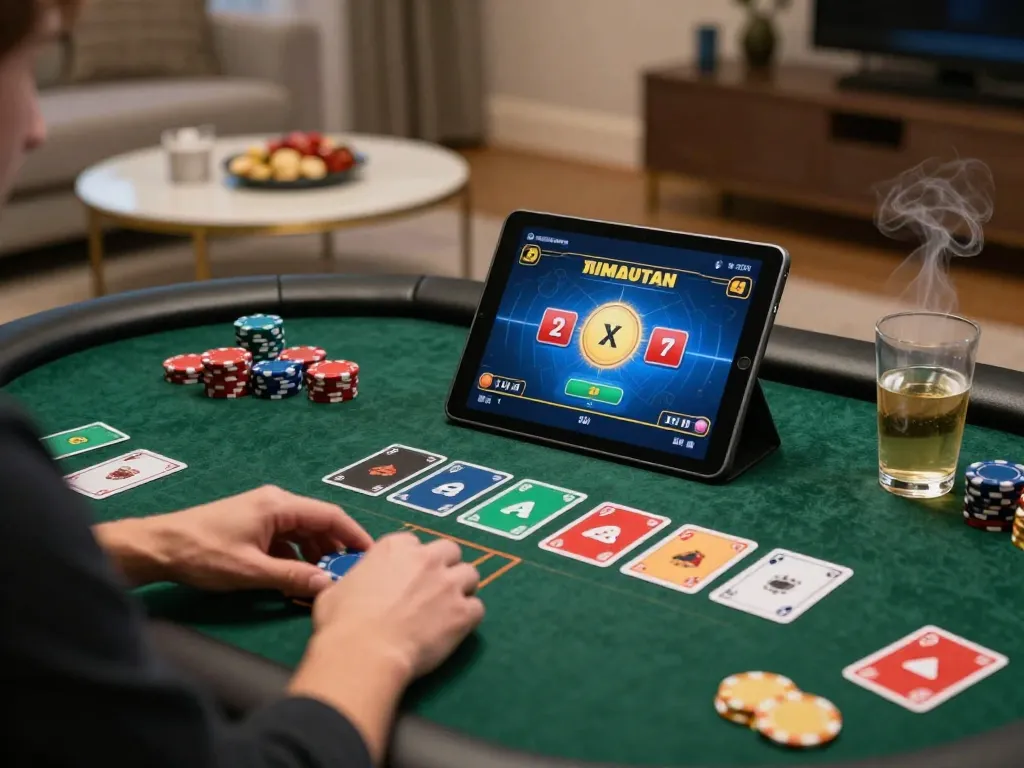 MM88 TODAY showcases an engaging online poker session with players strategizing over tablets at home.