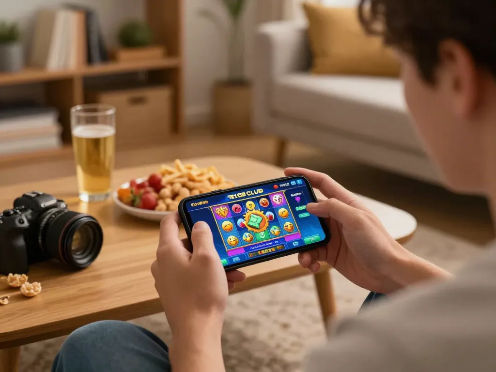Engaging gameplay on 789 CLUB mobile app, player enjoying online slots in cozy home environment.