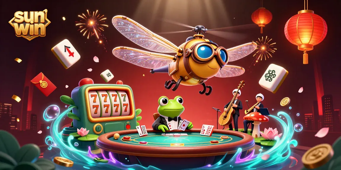 Experience the thrill of sun win with a bustling lily pad casino scene featuring a dragonfly pilot and frog croupier.