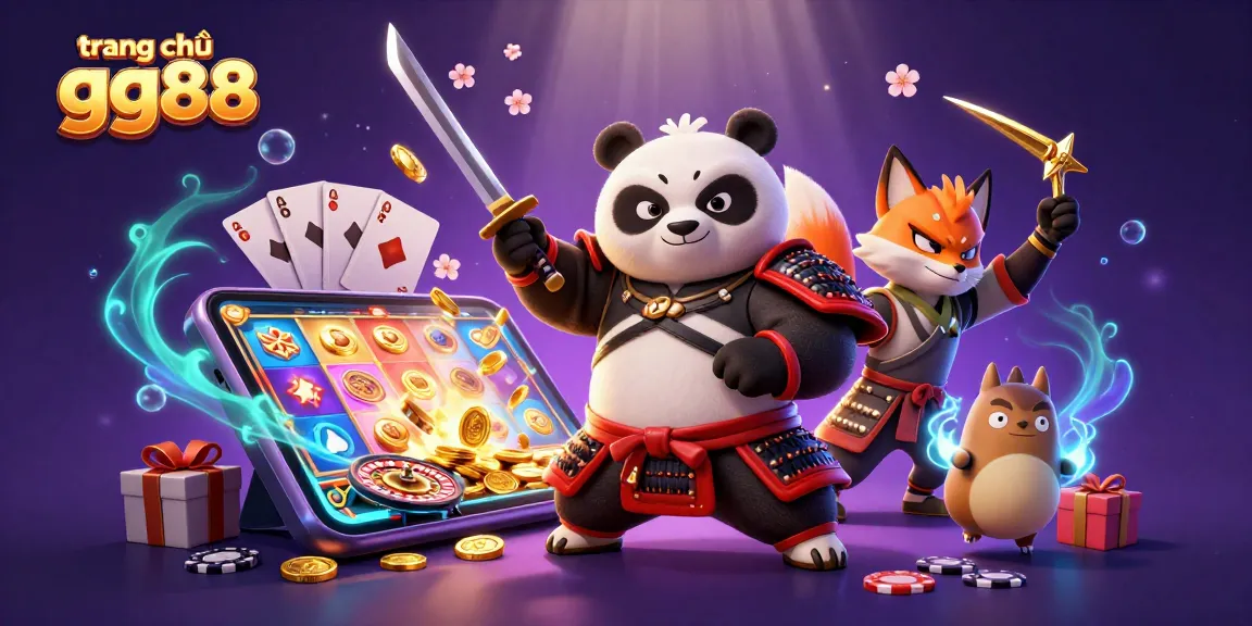 Experience the thrill of gaming with trang chủ gg88 featuring a vibrant 3D illustration of a samurai panda and friends.